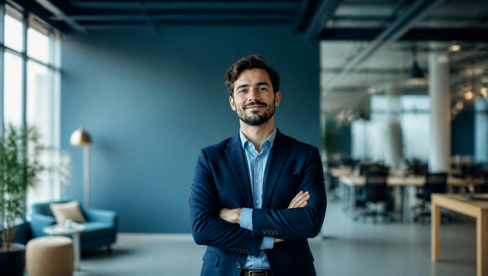 A confident office professional standing in a modern workspace