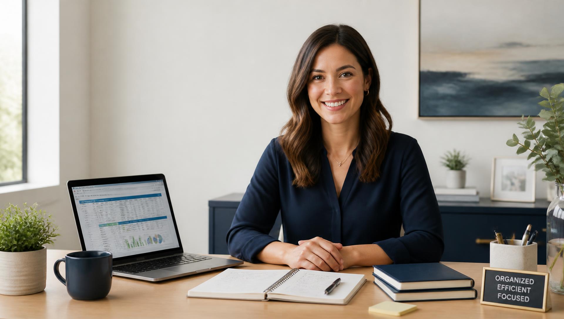 A smiling administrative professional working at a bright desk